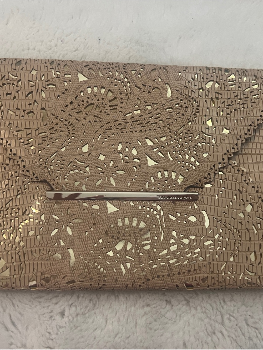 BCBGMaxAzria Rose Gold Laser-Cut Envelope Clutch